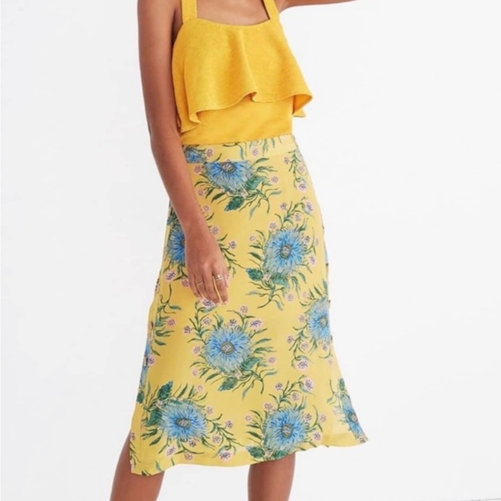 MADEWELL 10 Silk Side-Button Skirt in Painted Blooms Yellow Floral. NWT